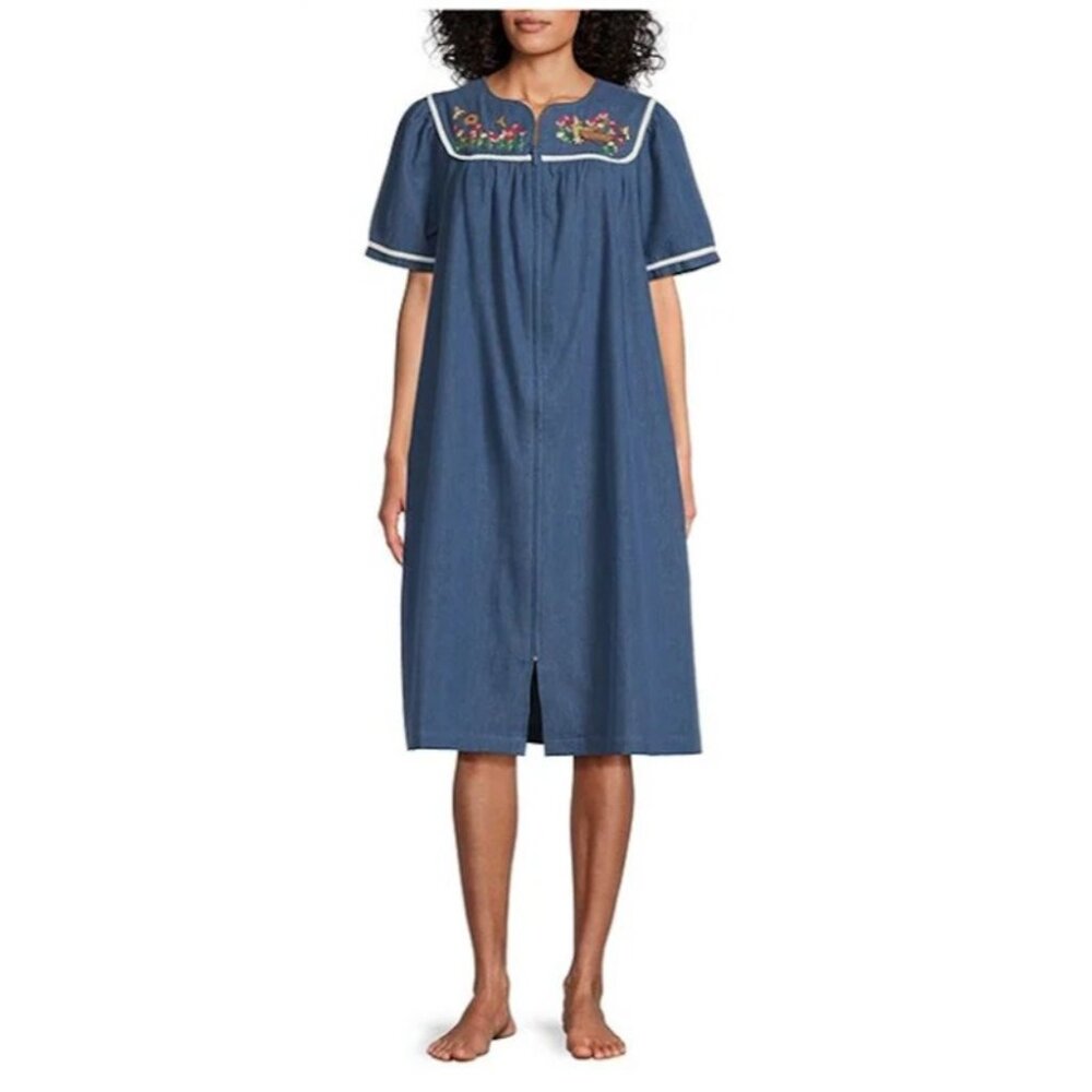 NWT Go Softly 1X Kaftan Denim Bird House Zip Embroidered Patio Dress 124624